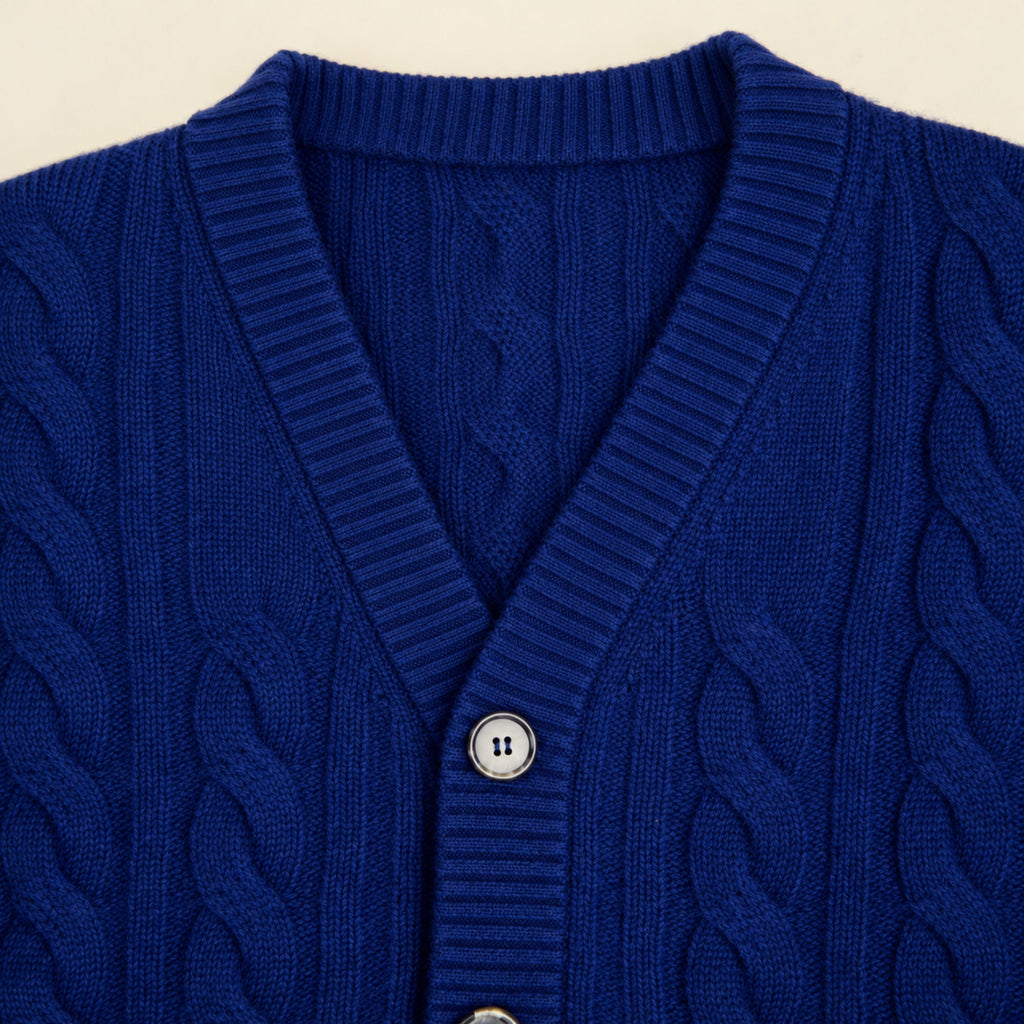 Cable Knit Wool Cardigan model Matteo in Regatta Blue