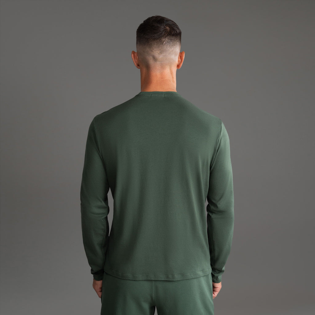 Tags:(6'0" - 180 lbs|Medium) Custom longsleeve t-shirt on model Tyler in Moss