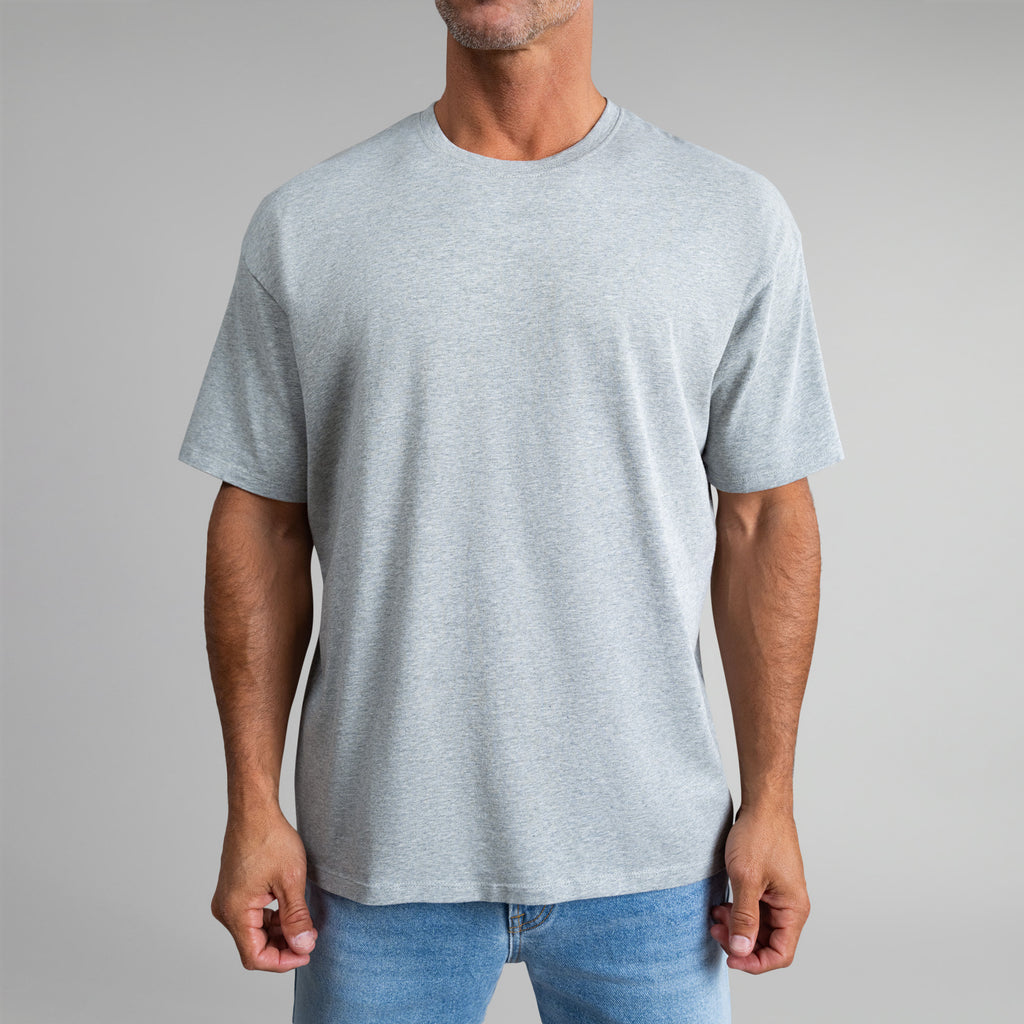 Tags:(6'0" - 180 lbs|Medium) Custom heather gray t-shirt on model Tyler in Heather Gray