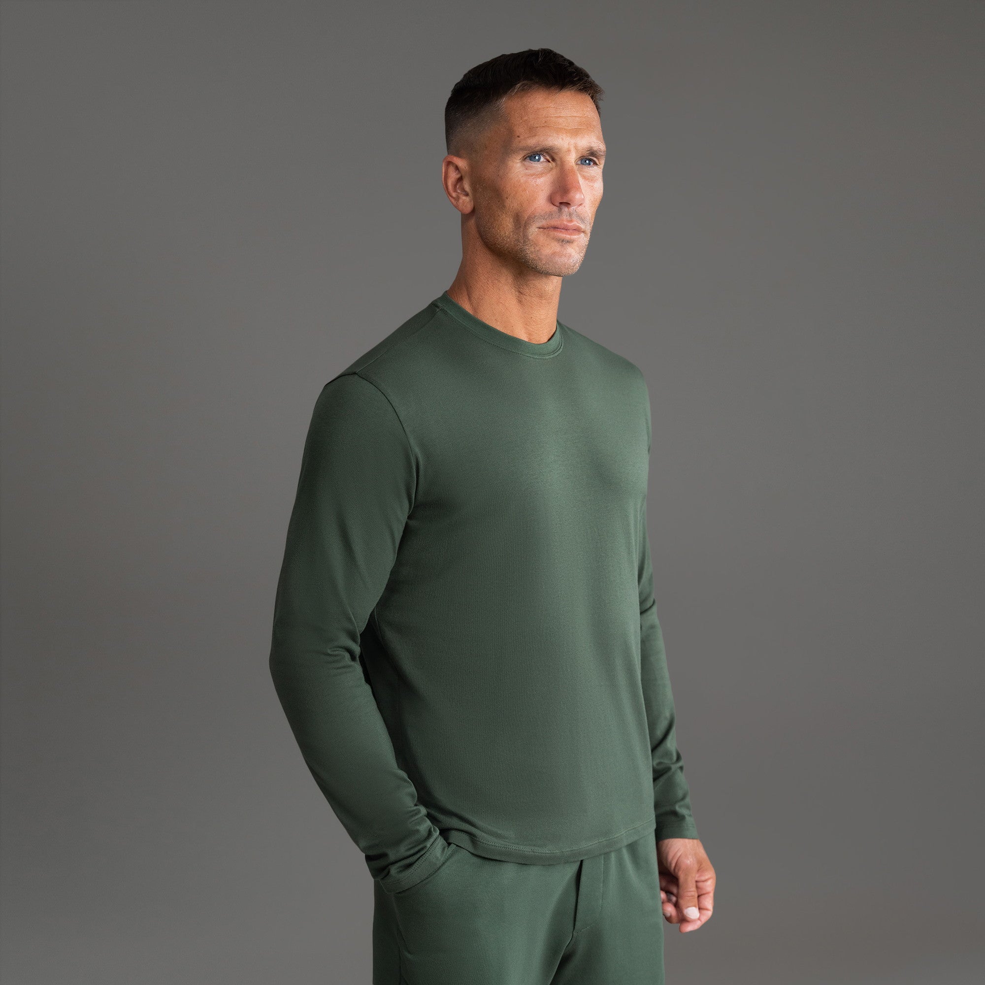 Tags:(6'0" - 180 lbs|Medium) Custom longsleeve t-shirt on model Tyler in Moss