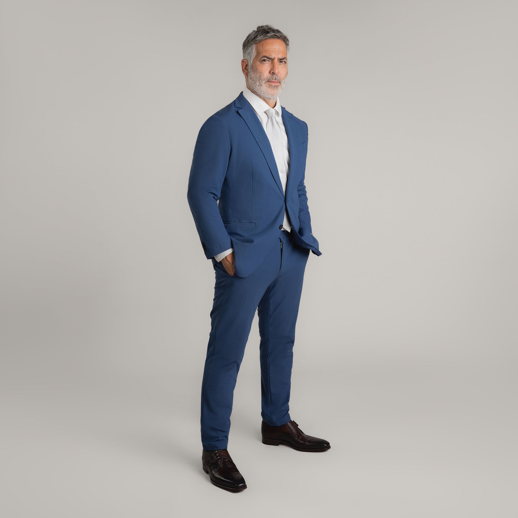 Bespoke custom athleisure technical men's suit los angeles model Guillermo in Italian Blue