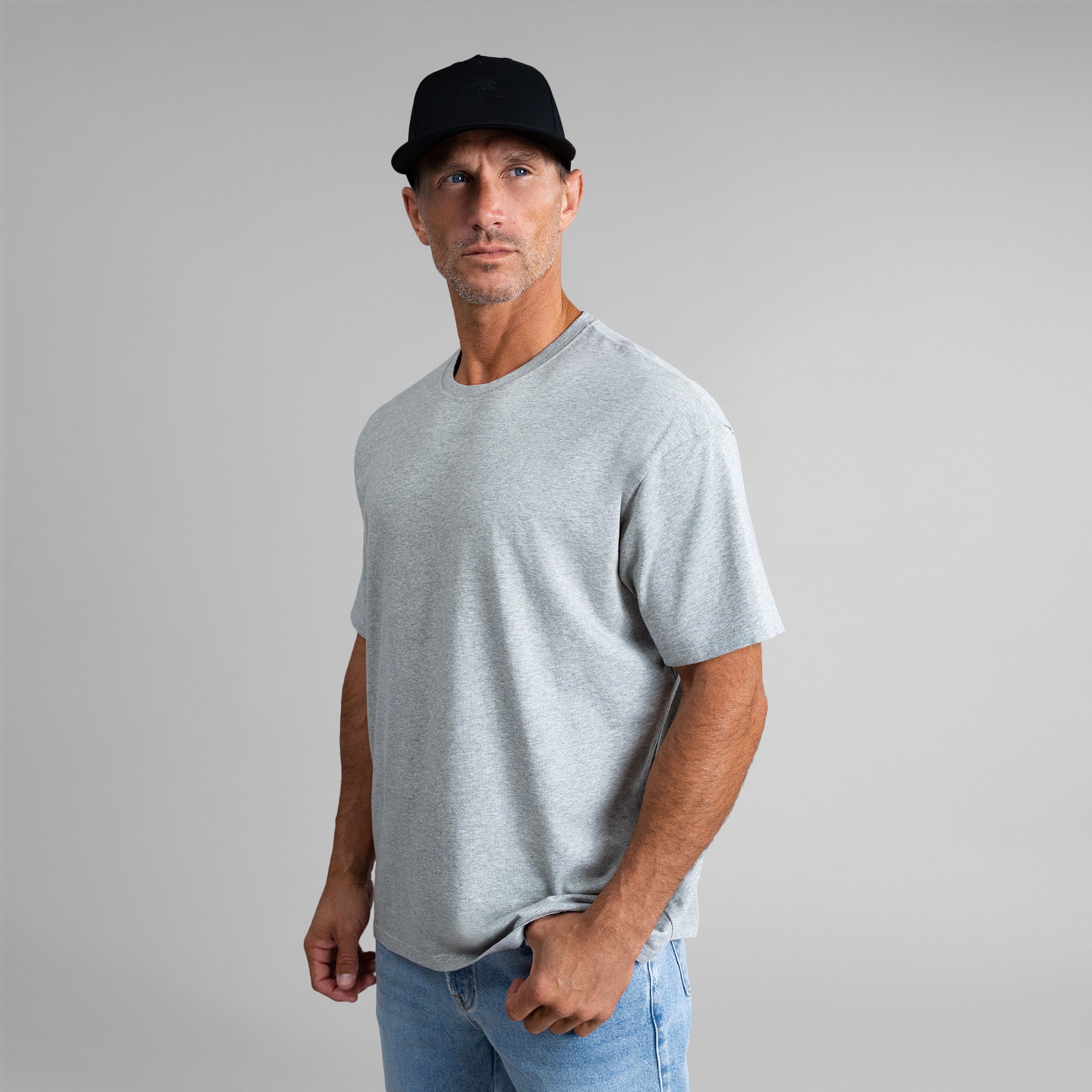 Tags:(6'0" - 180 lbs|Medium) Custom heather gray t-shirt on model Tyler in Heather Gray