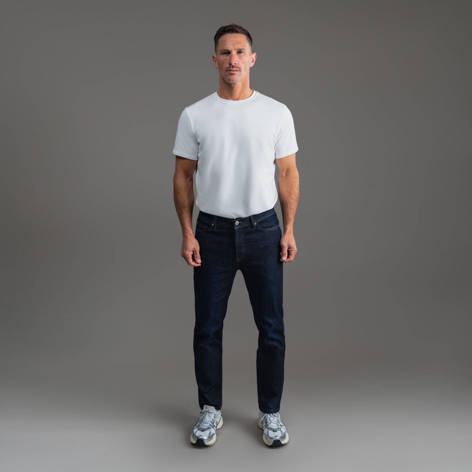 Tags:(Tailored Fit) custom men's jeans model Tyler in Dark Wash