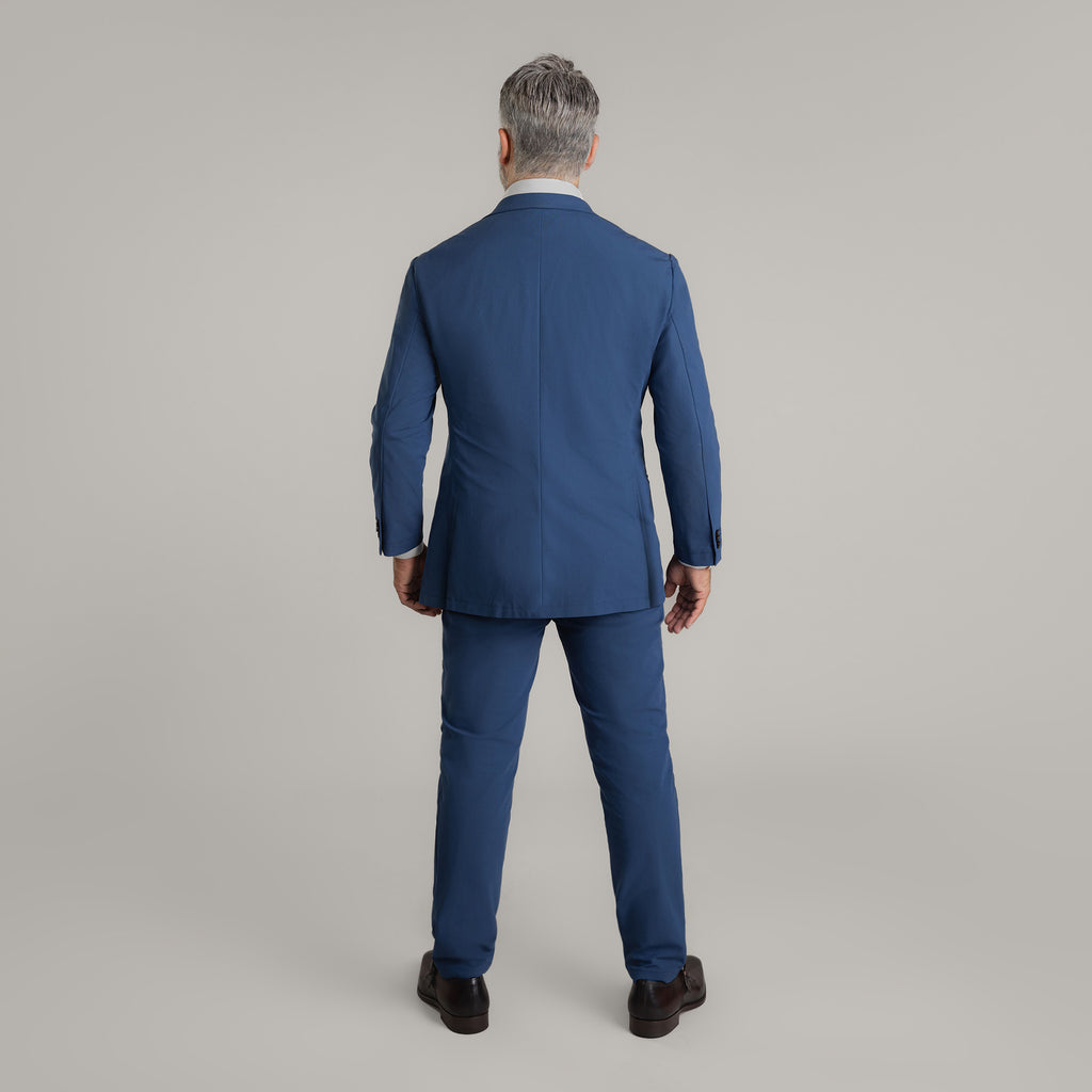 Tags:(5'11"|176 lbs) Bespoke custom athleisure technical athletic stretch suit los angeles model Guillermo in Italian Blue