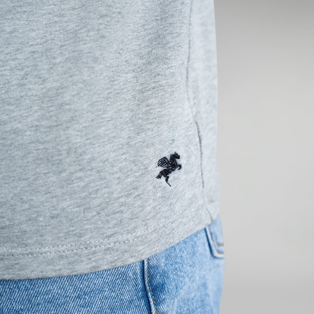 Tags:(6'0" - 180 lbs|Medium) Custom heather gray t-shirt on model Tyler in Heather Gray