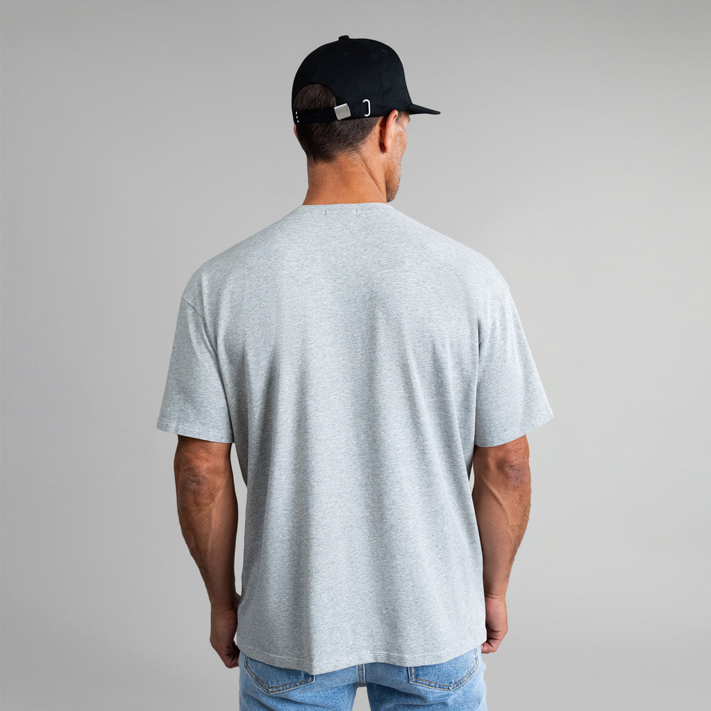 Tags:(6'0" - 180 lbs|Medium) Custom heather gray t-shirt on model Tyler in Heather Gray