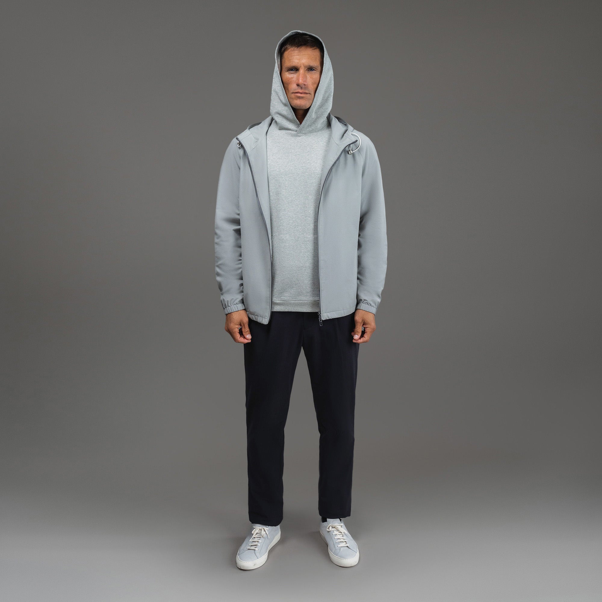 men's custom hooded jacket model Tyler in Light Gray