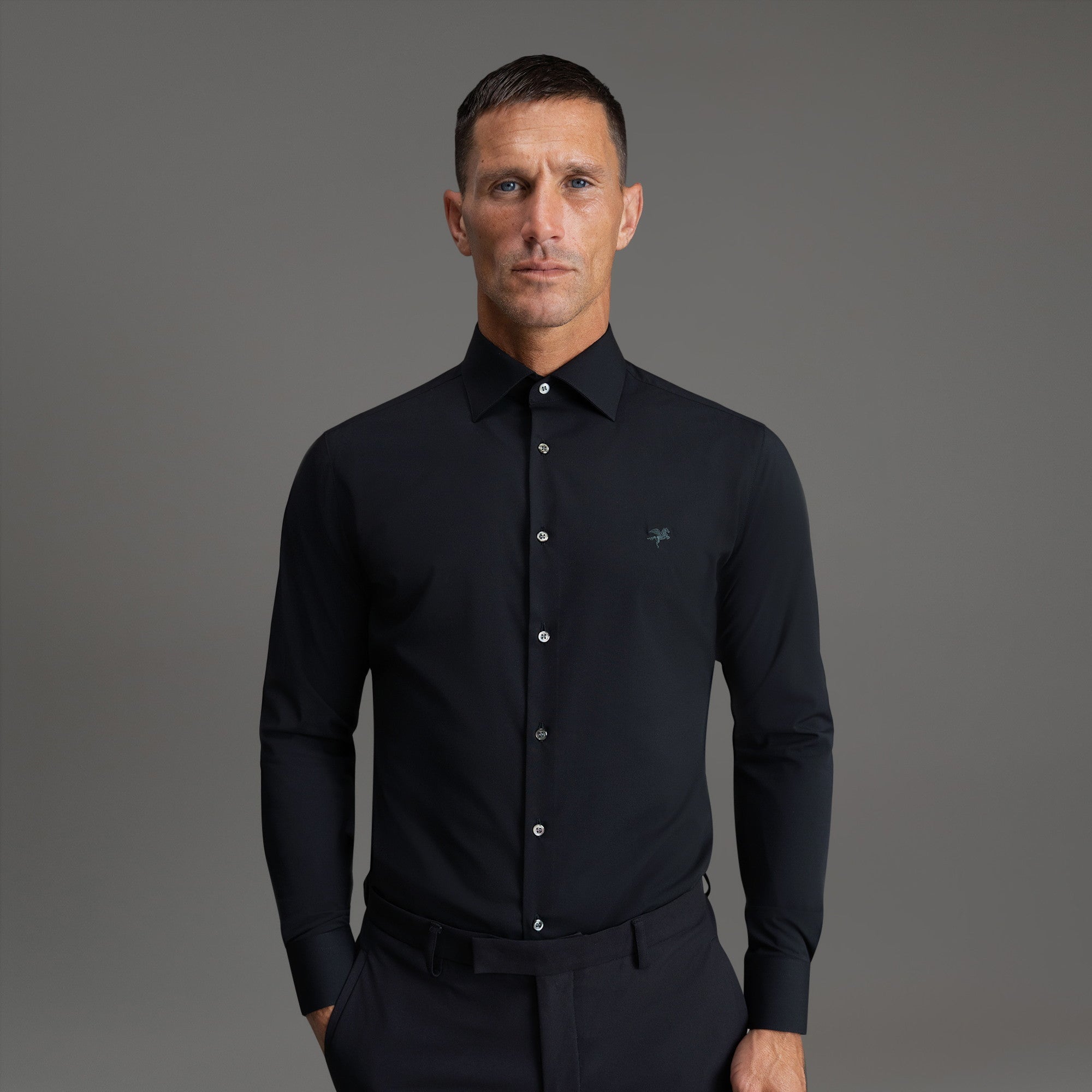 Custom Bespoke Tailored Spread Shirt model Tyler in Black Emblem