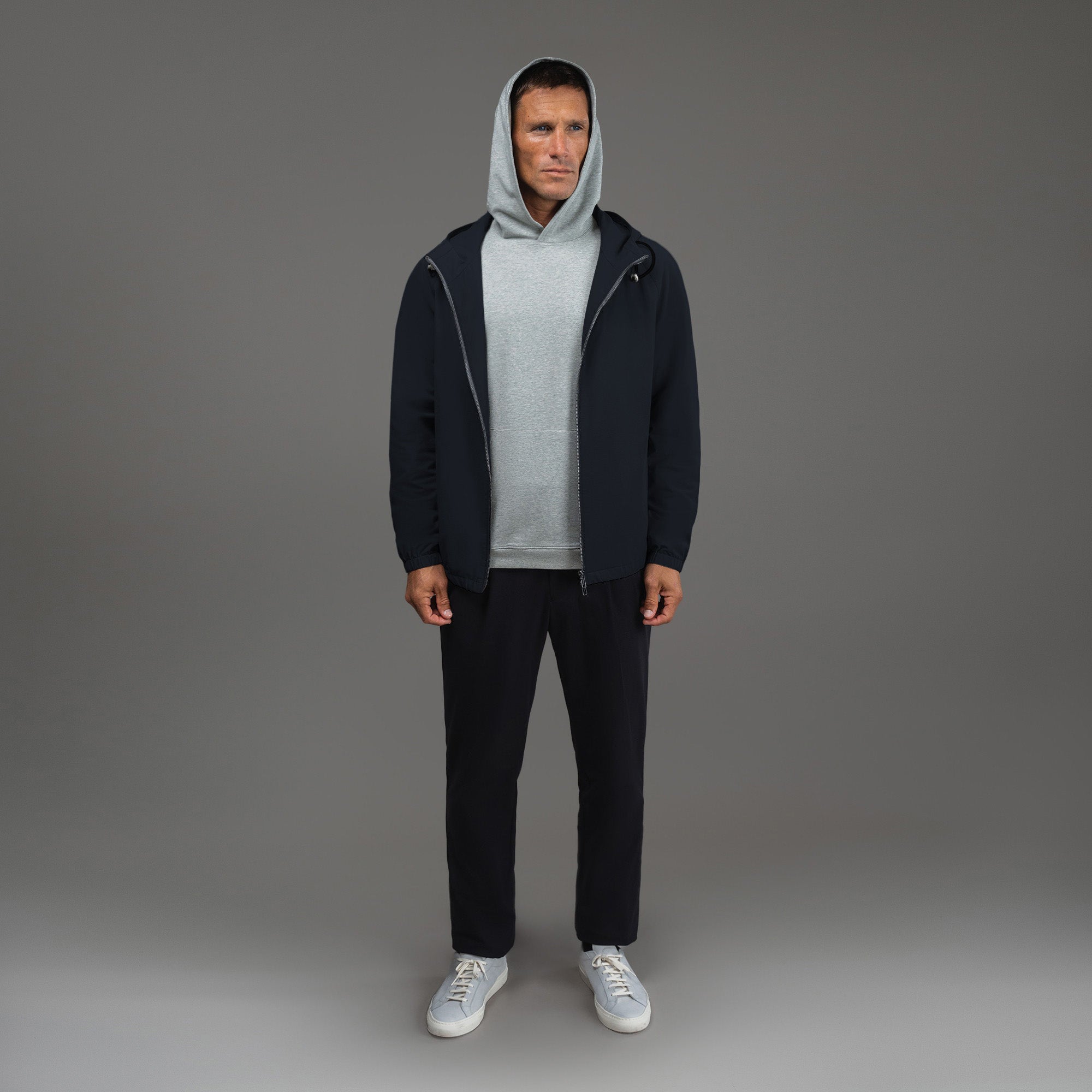 men's custom hooded jacket model Tyler in Midnight