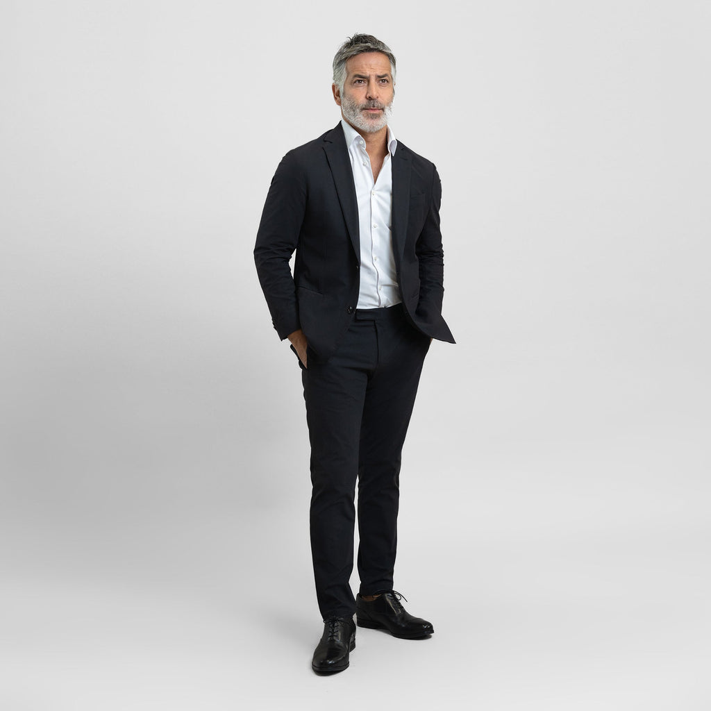 Tags:(5'11"|176 lbs) Bespoke custom athleisure technical men's suit los angeles model Guillermo in Black