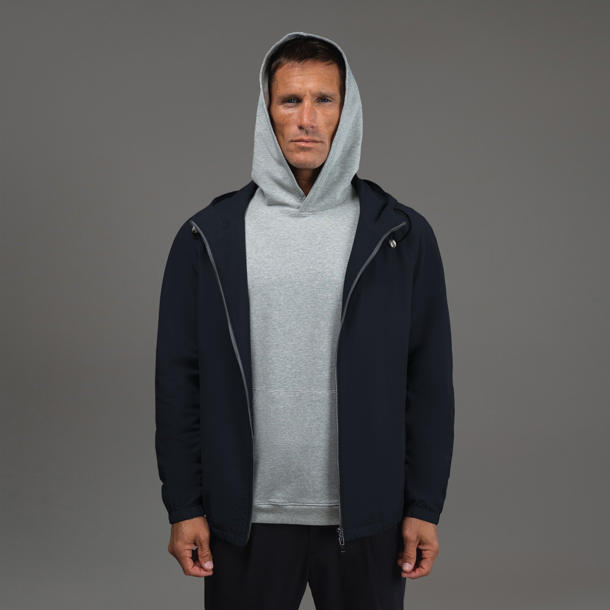 men's custom hooded jacket model Tyler in Midnight