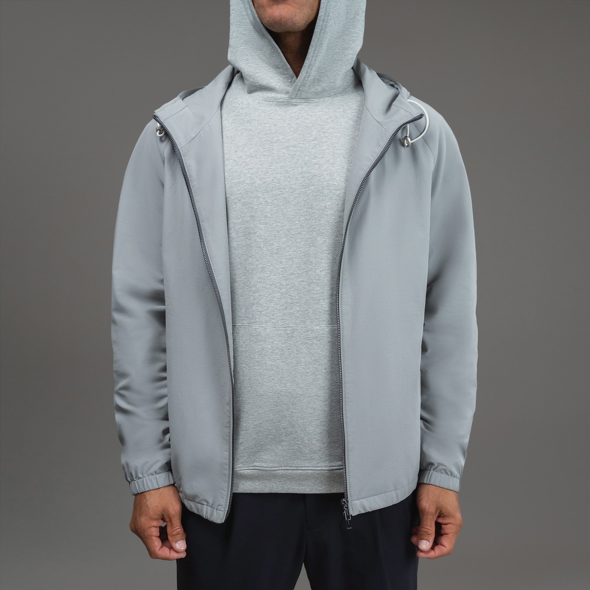 men's custom hooded jacket model Tyler in Light Gray