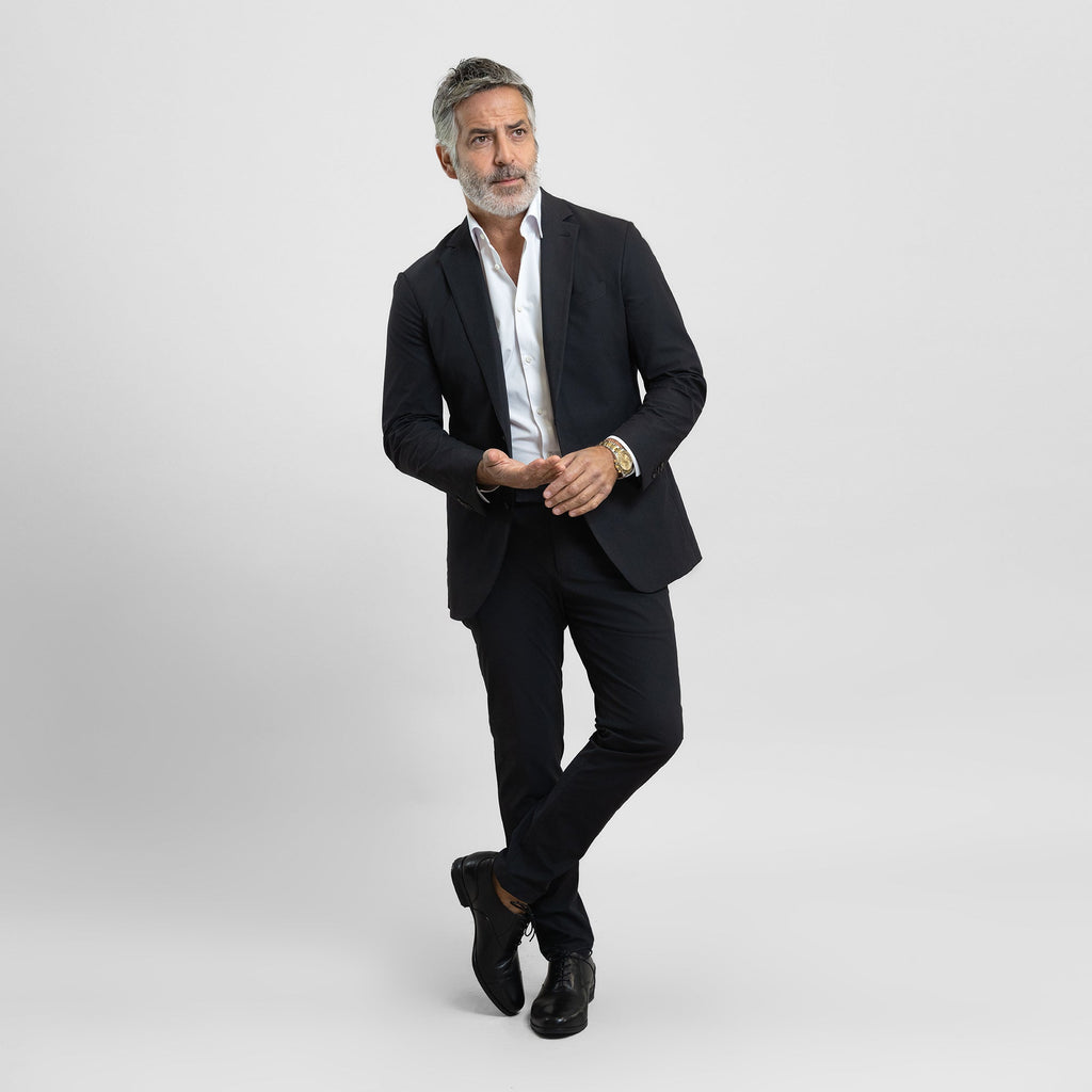 Tags:(5'11"|176 lbs) Bespoke custom athleisure technical men's suit los angeles model Guillermo in Black