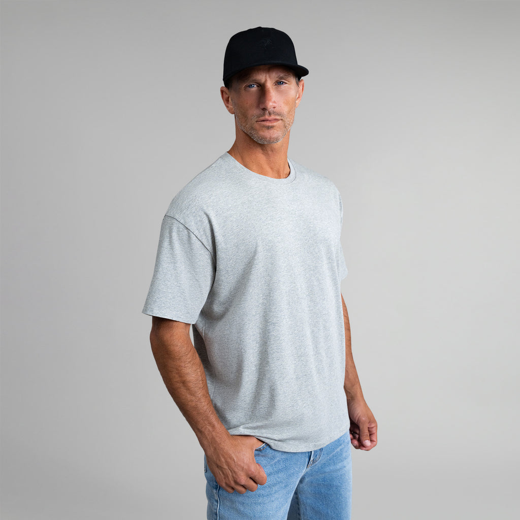 Tags:(6'0" - 180 lbs|Medium) Custom heather gray t-shirt on model Tyler in Heather Gray