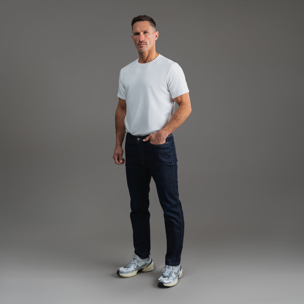 Tags:(Tailored Fit) custom men's jeans model Tyler in Dark Wash