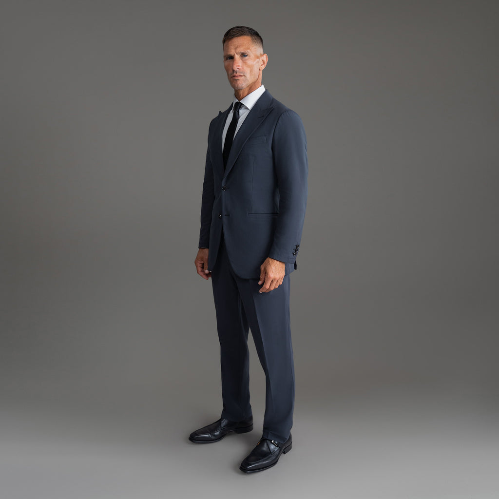 Custom Peak Lapel Tuxedo model Tyler in Charcoal
