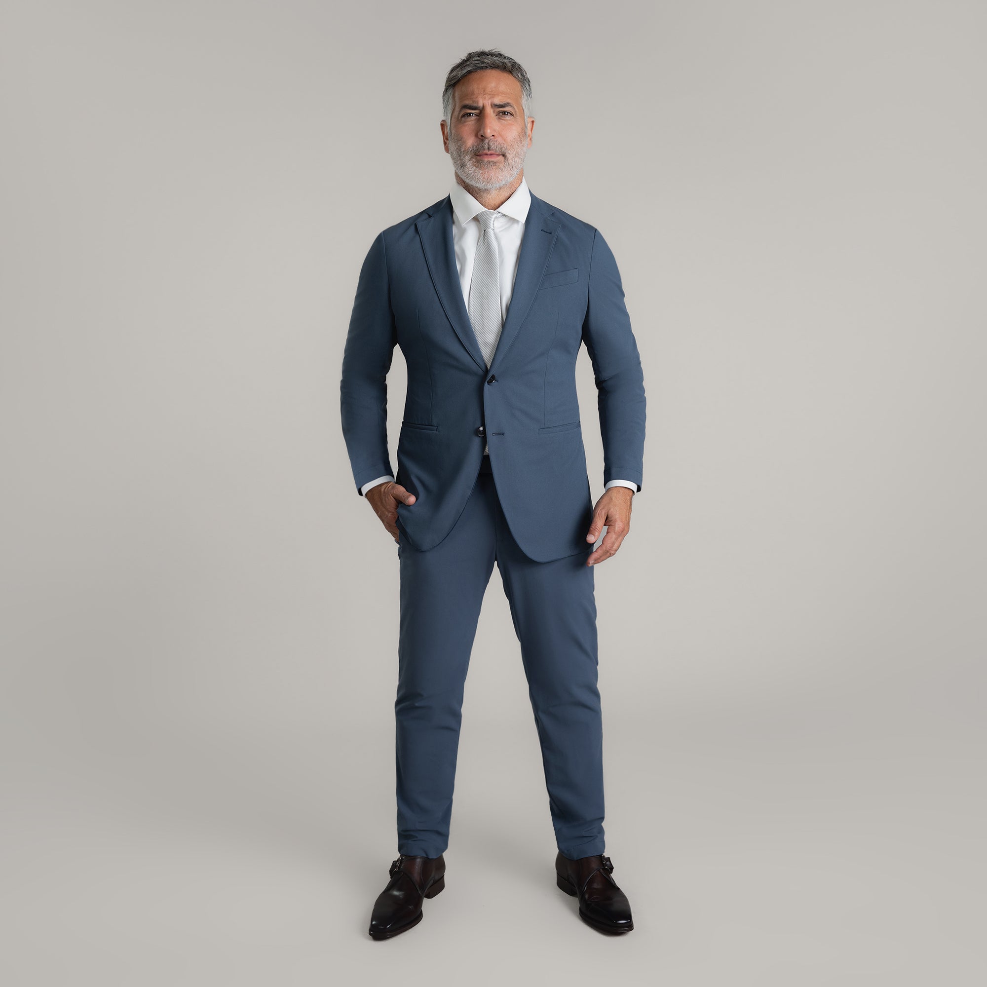 Tags:(5'11"|176 lbs) Bespoke custom athleisure technical men's suit los angeles model Guillermo in Marina