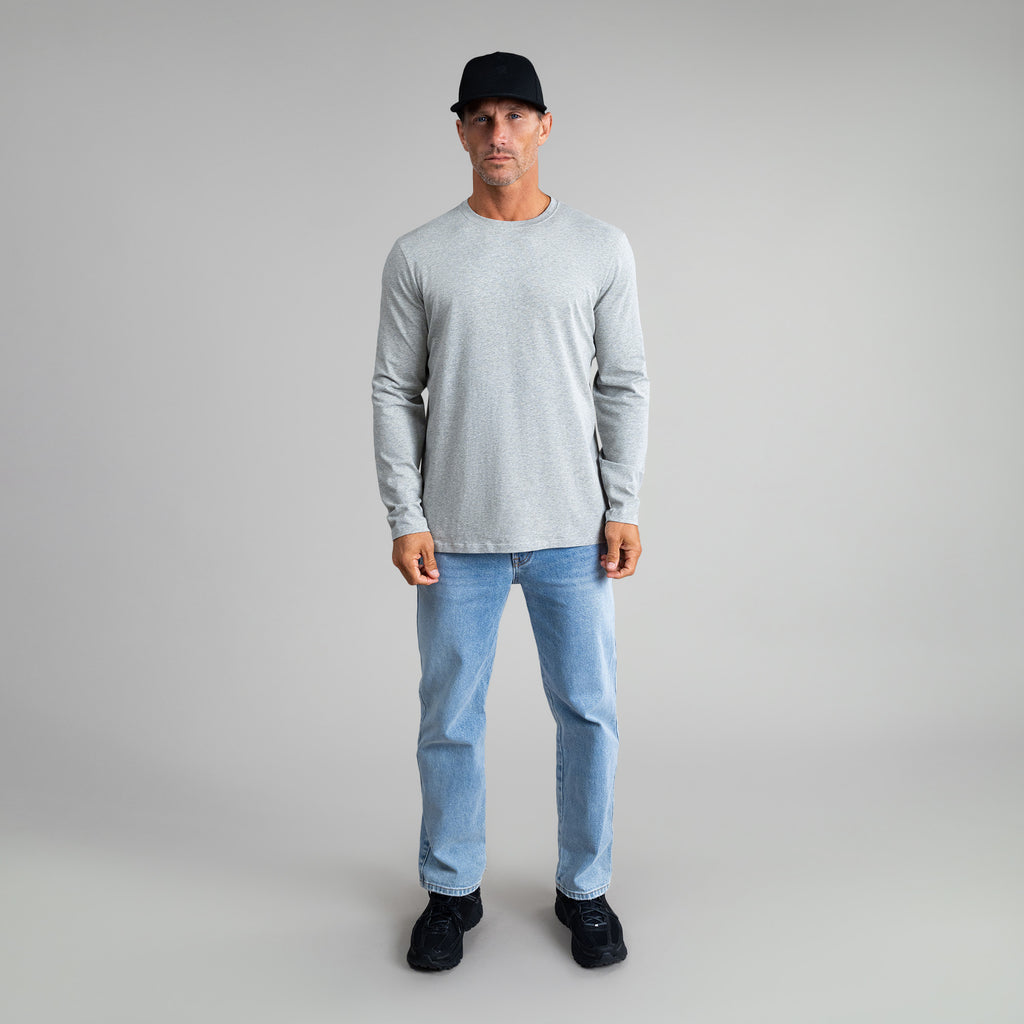 Tags:(6'0" - 180 lbs|Medium) Custom longsleeve t-shirt on model Tyler in Heather Gray