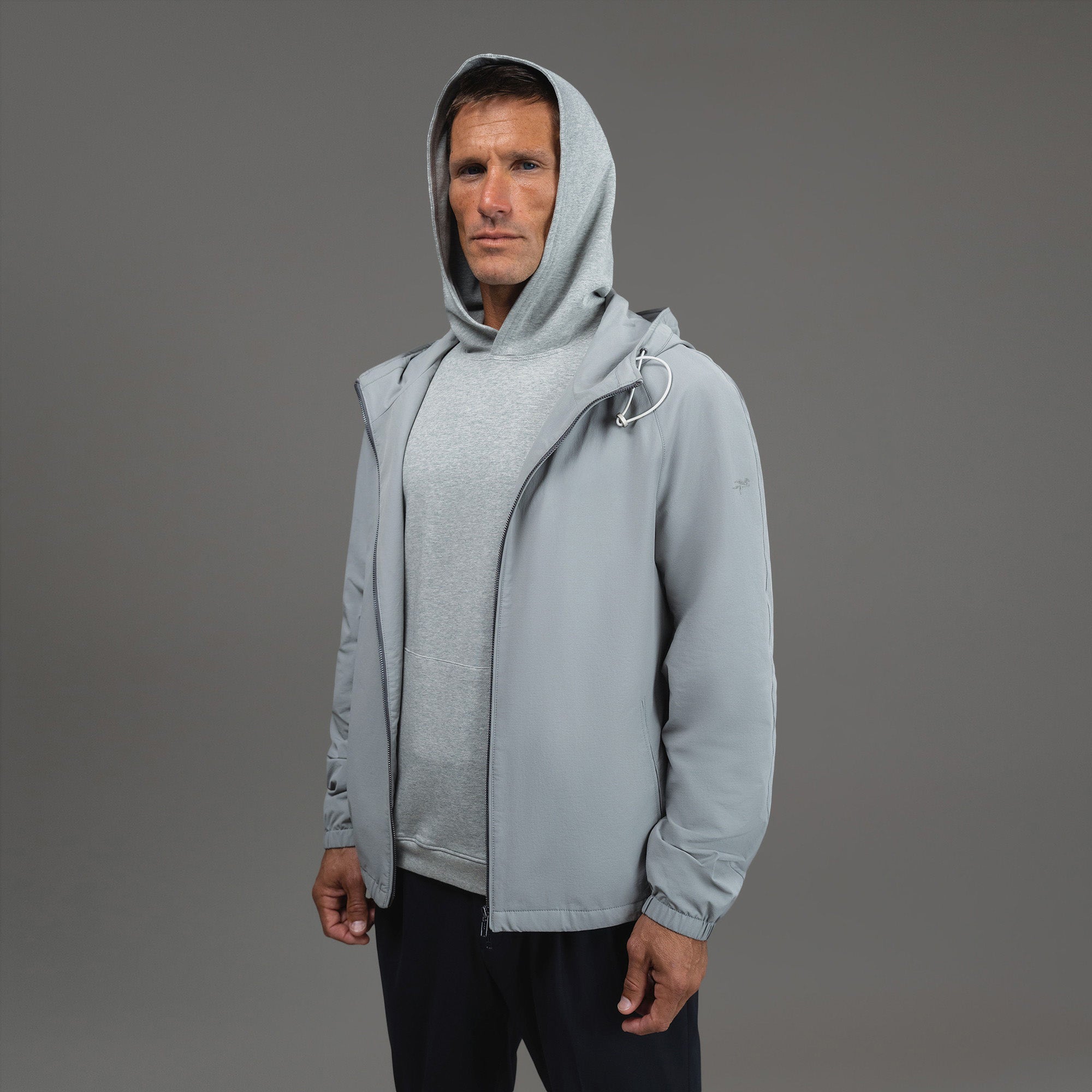men's custom hooded jacket model Tyler in Light Gray