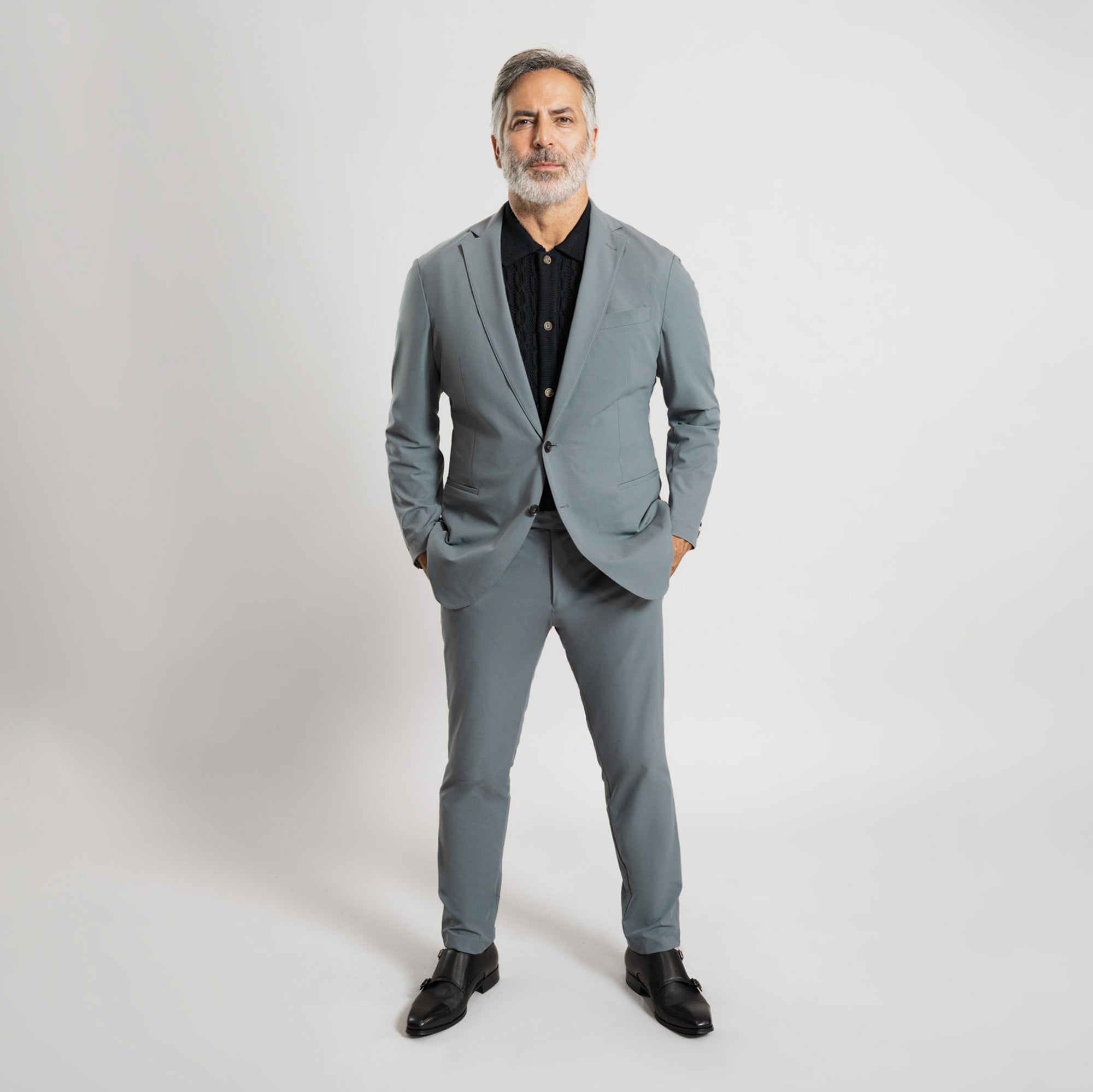 Bespoke custom athleisure technical athletic stretch suit los angeles model Guillermo in Shale