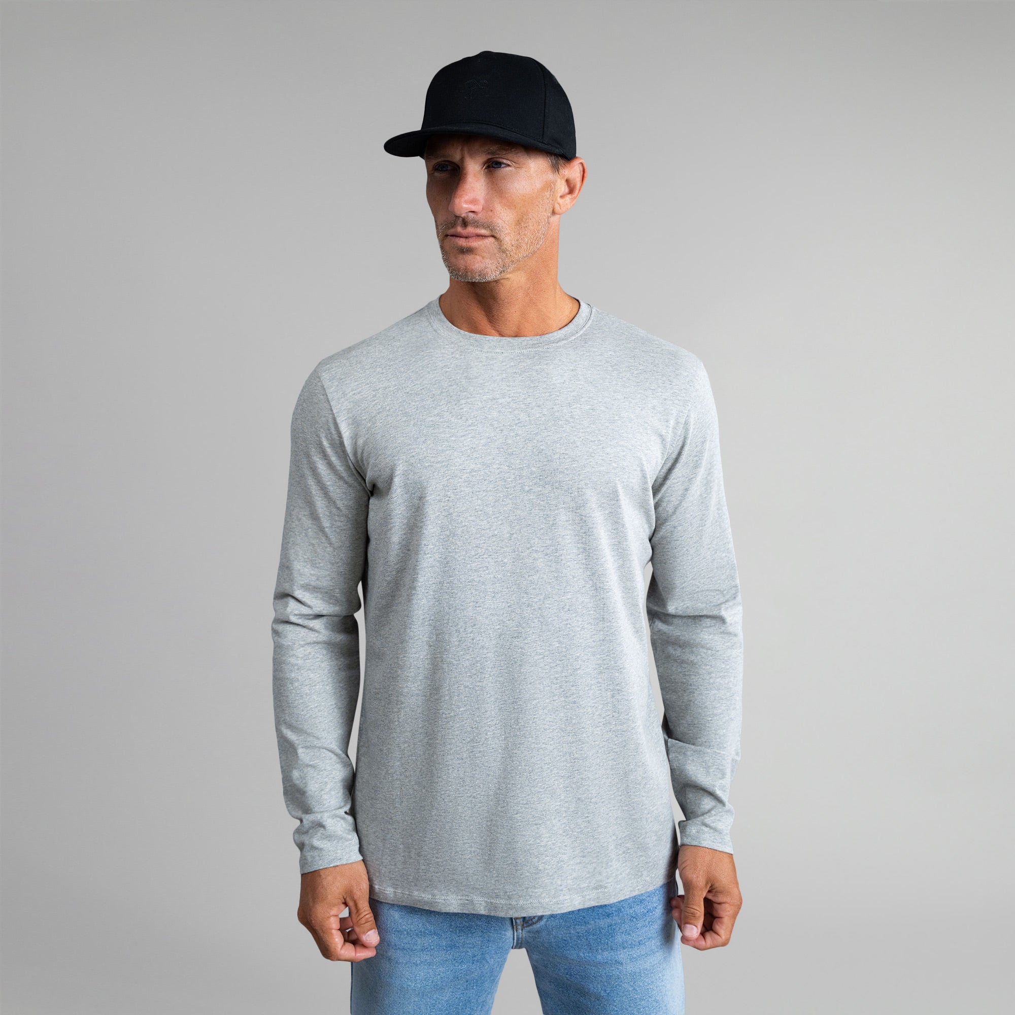 Tags:(6'0" - 180 lbs|Medium) Custom longsleeve t-shirt on model Tyler in Heather Gray