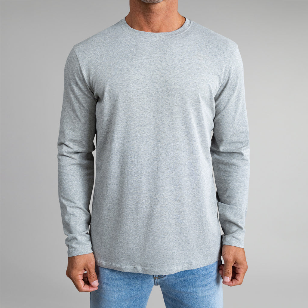 Tags:(6'0" - 180 lbs|Medium) Custom longsleeve t-shirt on model Tyler in Heather Gray