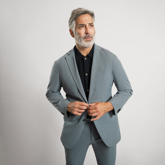 Bespoke custom athleisure technical athletic stretch suit los angeles model Guillermo in Shale
