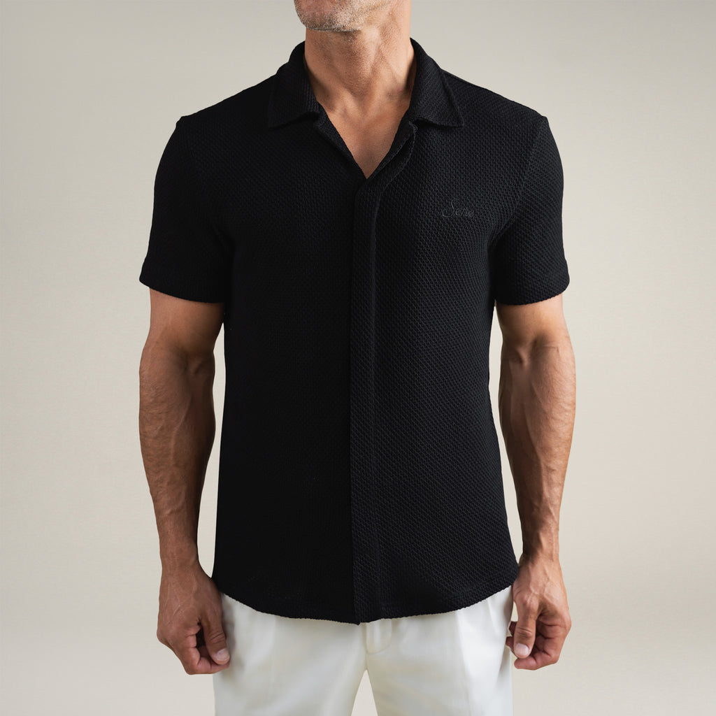 Tags:(6'0" - 180 lbs|Medium) Custom Knit Camp Shirt model Tyler in Black