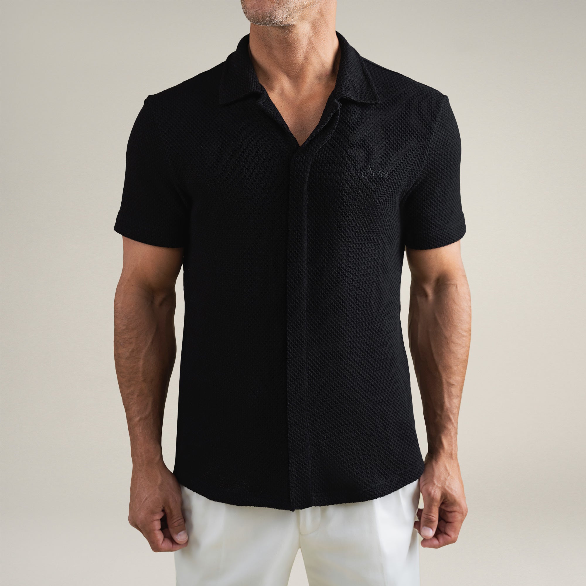 Tags:(6'0" - 180 lbs|Medium) Custom Knit Camp Shirt model Tyler in Black