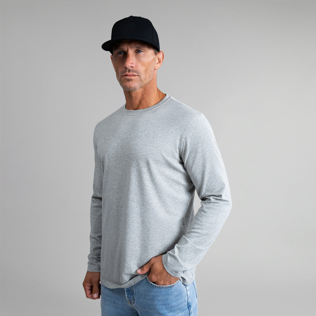 Tags:(6'0" - 180 lbs|Medium) Custom longsleeve t-shirt on model Tyler in Heather Gray