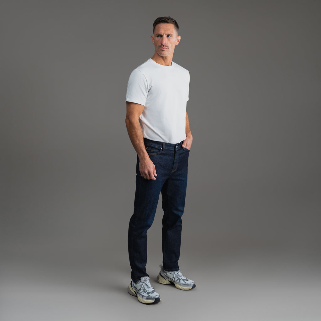 Tags:(Tailored Fit) custom men's jeans model Tyler in Dark Wash