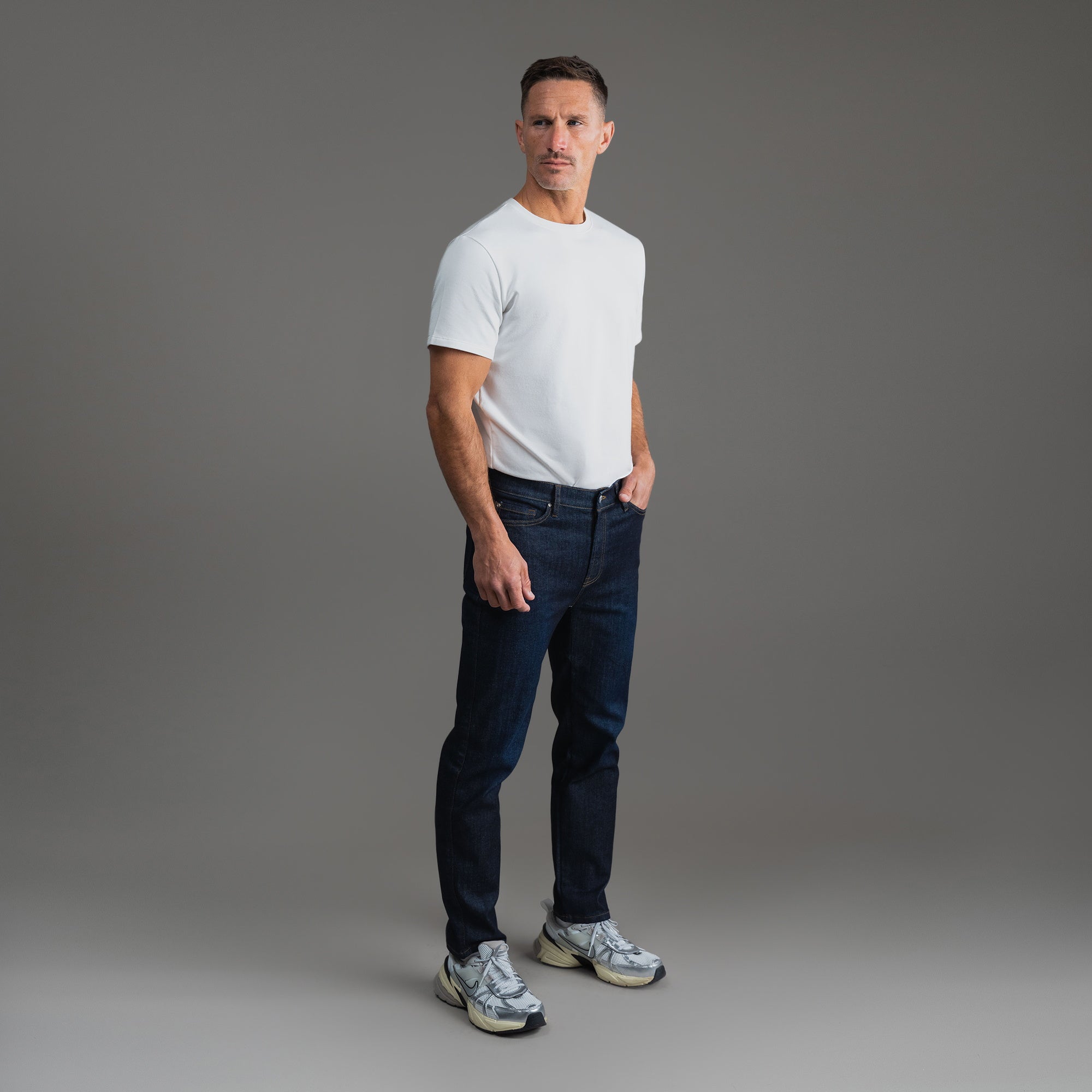 Tags:(Tailored Fit) custom men's jeans model Tyler in Dark Wash