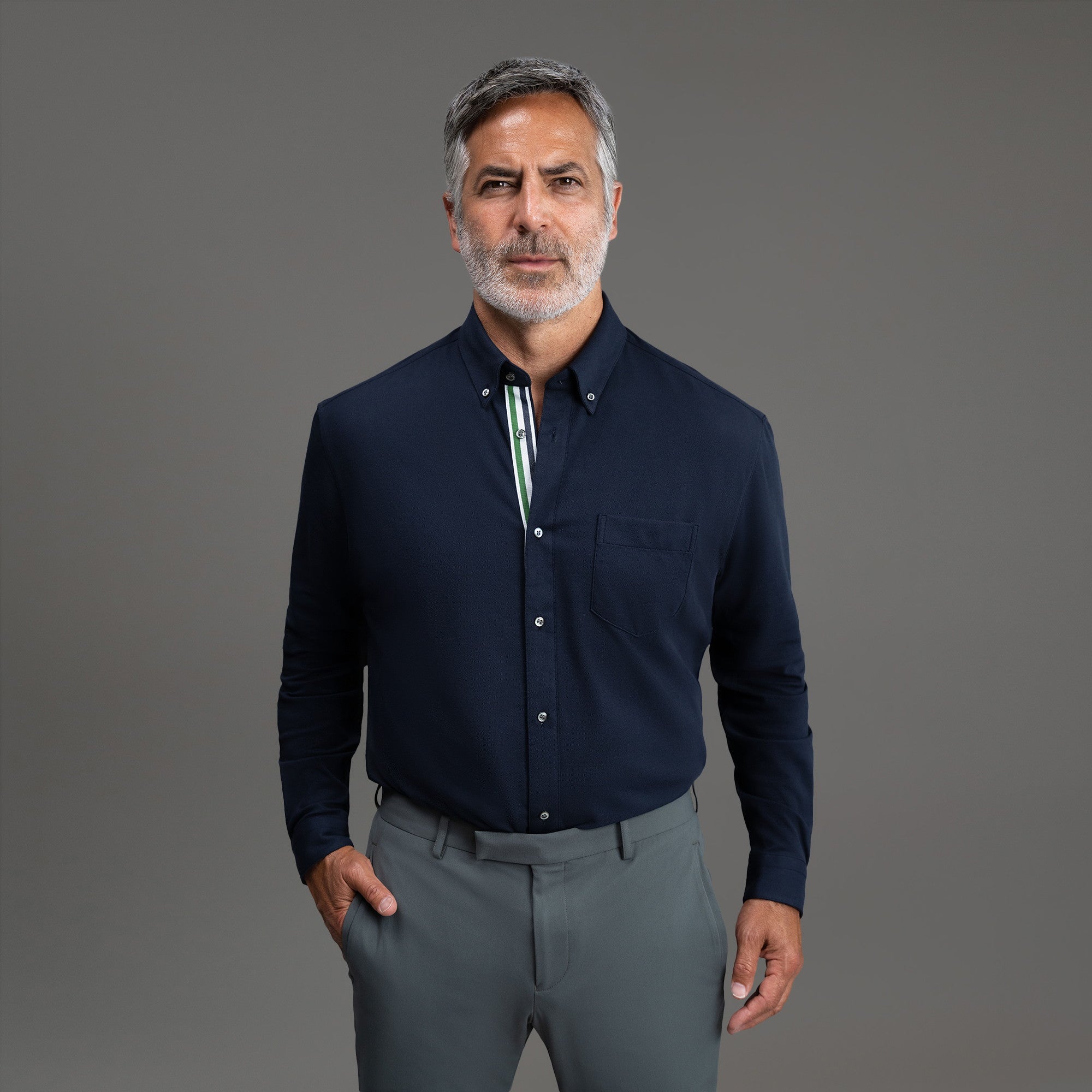 Custom Bespoke Tailored Mercer Shirt model Guillermo in Navy