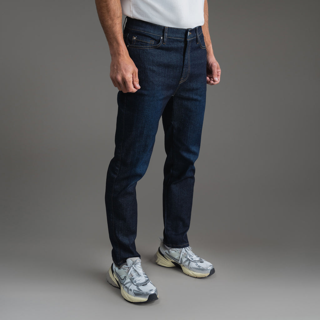 Tags:(Tailored Fit) custom men's jeans model Tyler in Dark Wash