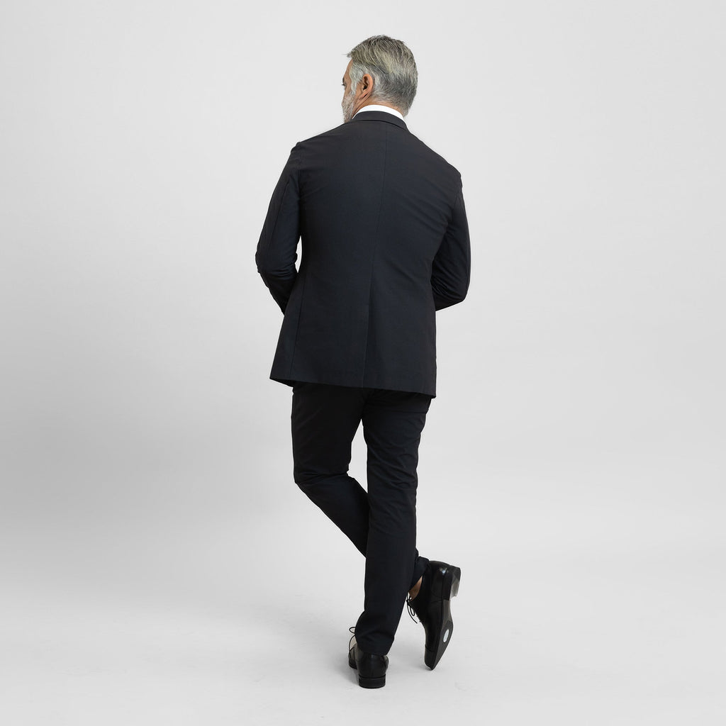 Tags:(5'11"|176 lbs) Bespoke custom athleisure technical men's suit los angeles model Guillermo in Black