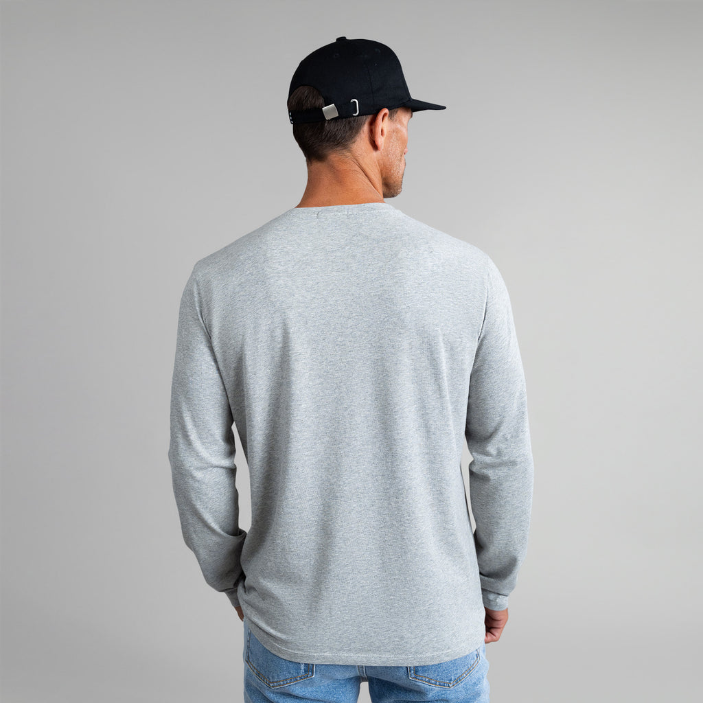 Tags:(6'0" - 180 lbs|Medium) Custom longsleeve t-shirt on model Tyler in Heather Gray
