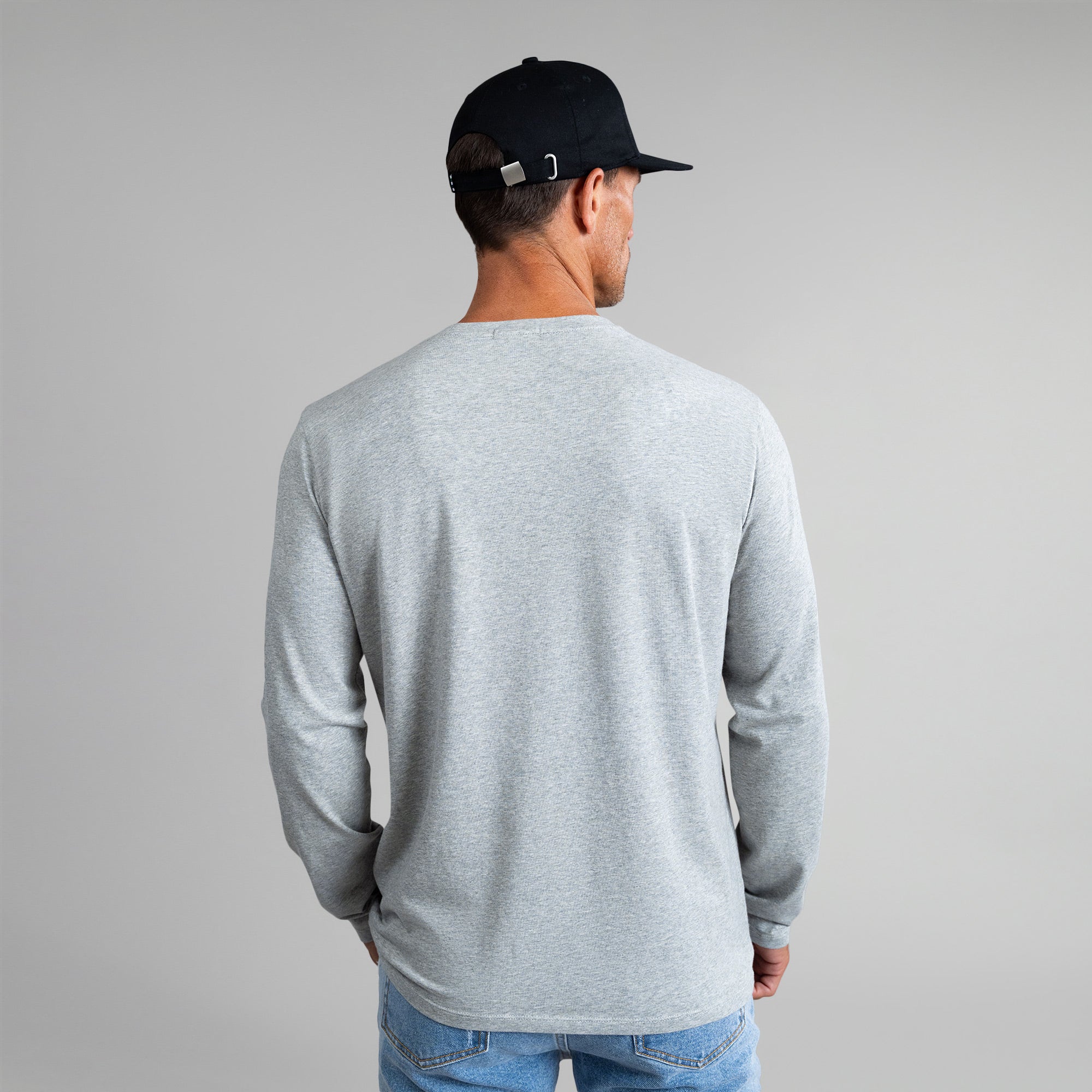 Tags:(6'0" - 180 lbs|Medium) Custom longsleeve t-shirt on model Tyler in Heather Gray