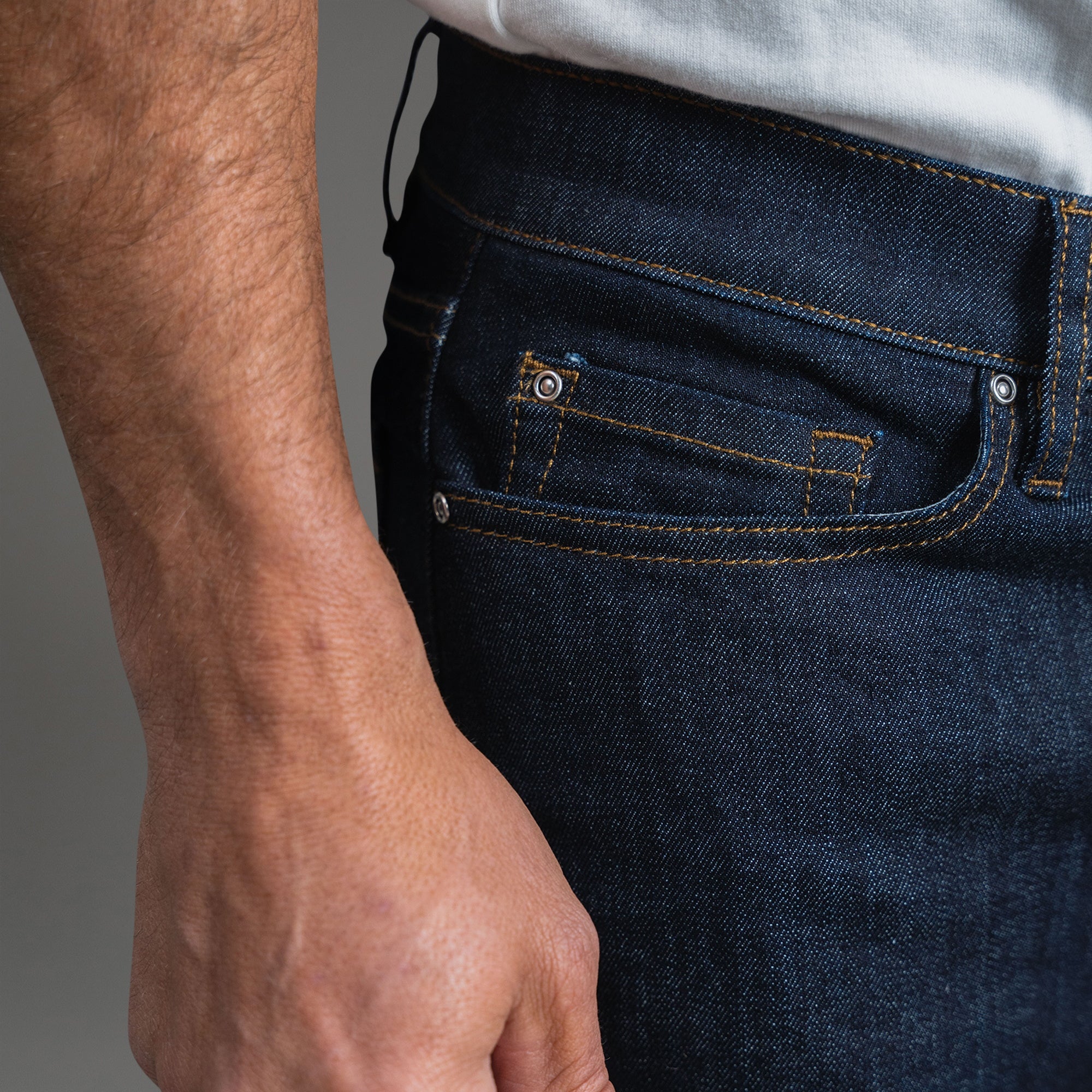 Tags:(Tailored Fit) custom men's jeans model Tyler in Dark Wash