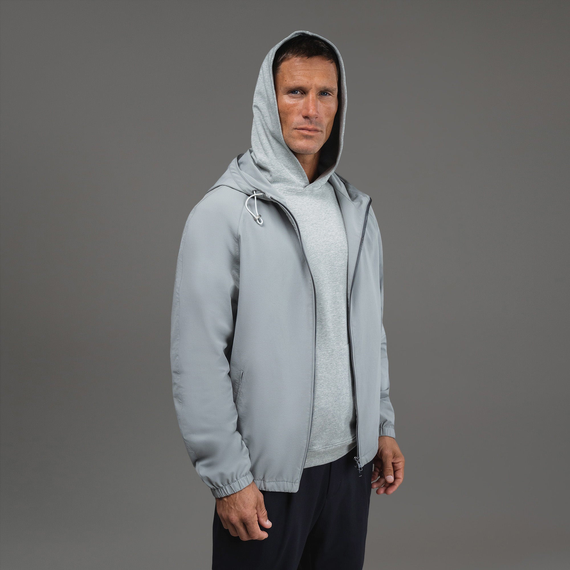 men's custom hooded jacket model Tyler in Light Gray