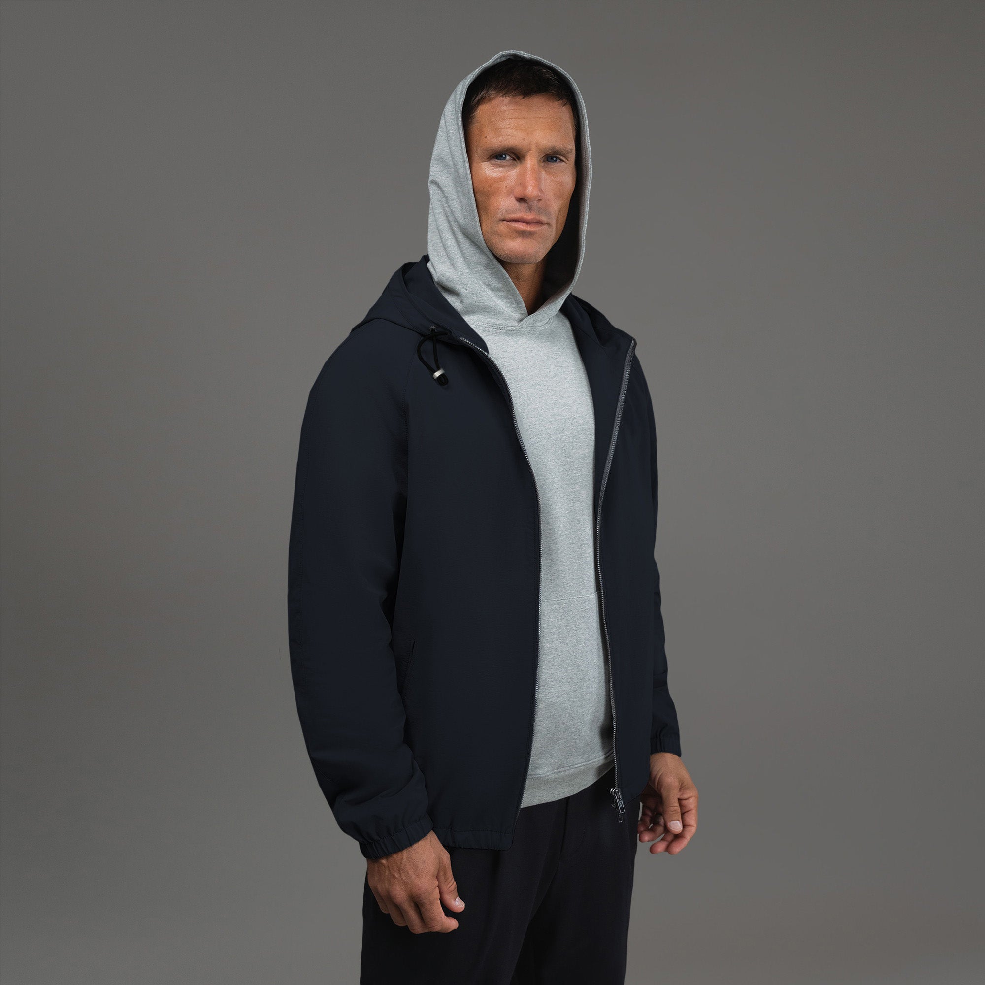 men's custom hooded jacket model Tyler in Midnight