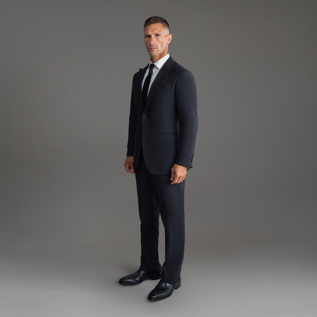 Custom Peak Lapel Tuxedo model Tyler in Black