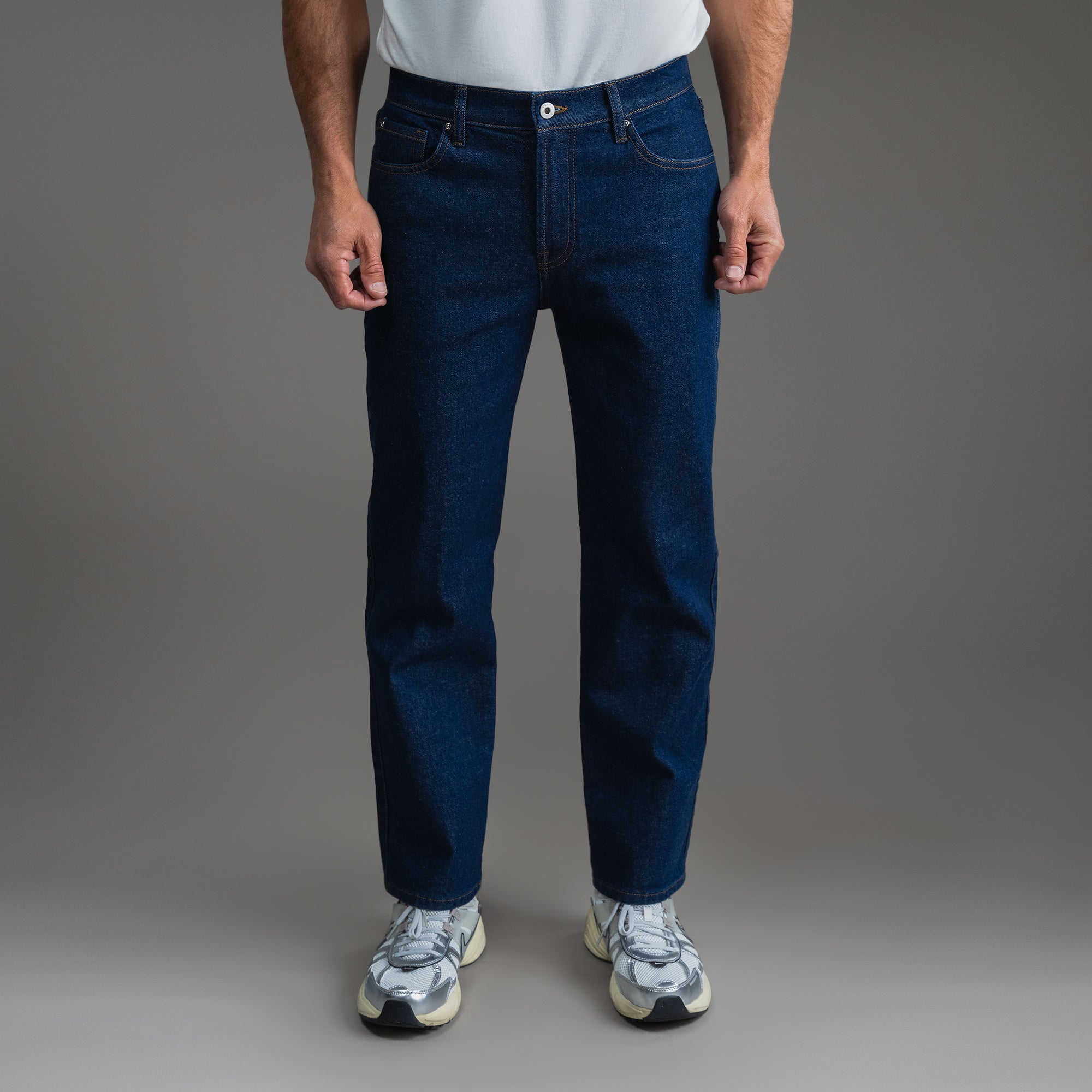 sizeless bespoke custom jeans model Tyler in Deep Indigo