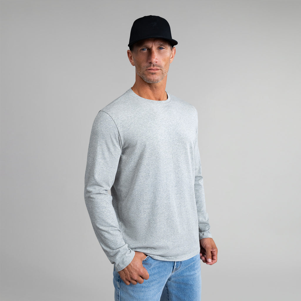 Tags:(6'0" - 180 lbs|Medium) Custom longsleeve t-shirt on model Tyler in Heather Gray