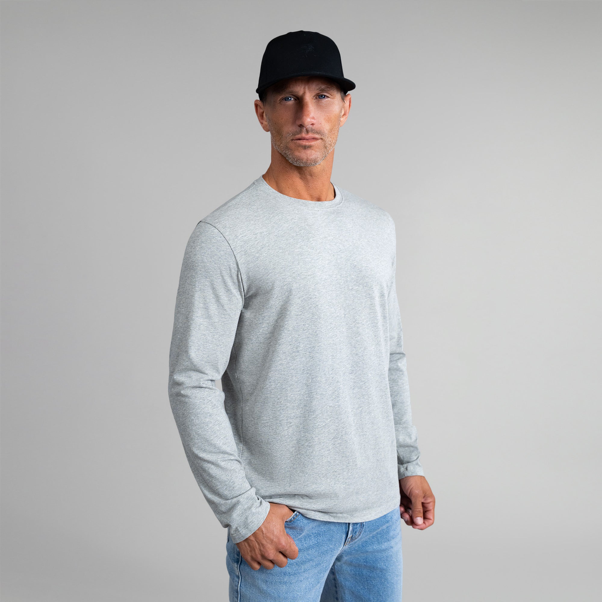 Tags:(6'0" - 180 lbs|Medium) Custom longsleeve t-shirt on model Tyler in Heather Gray