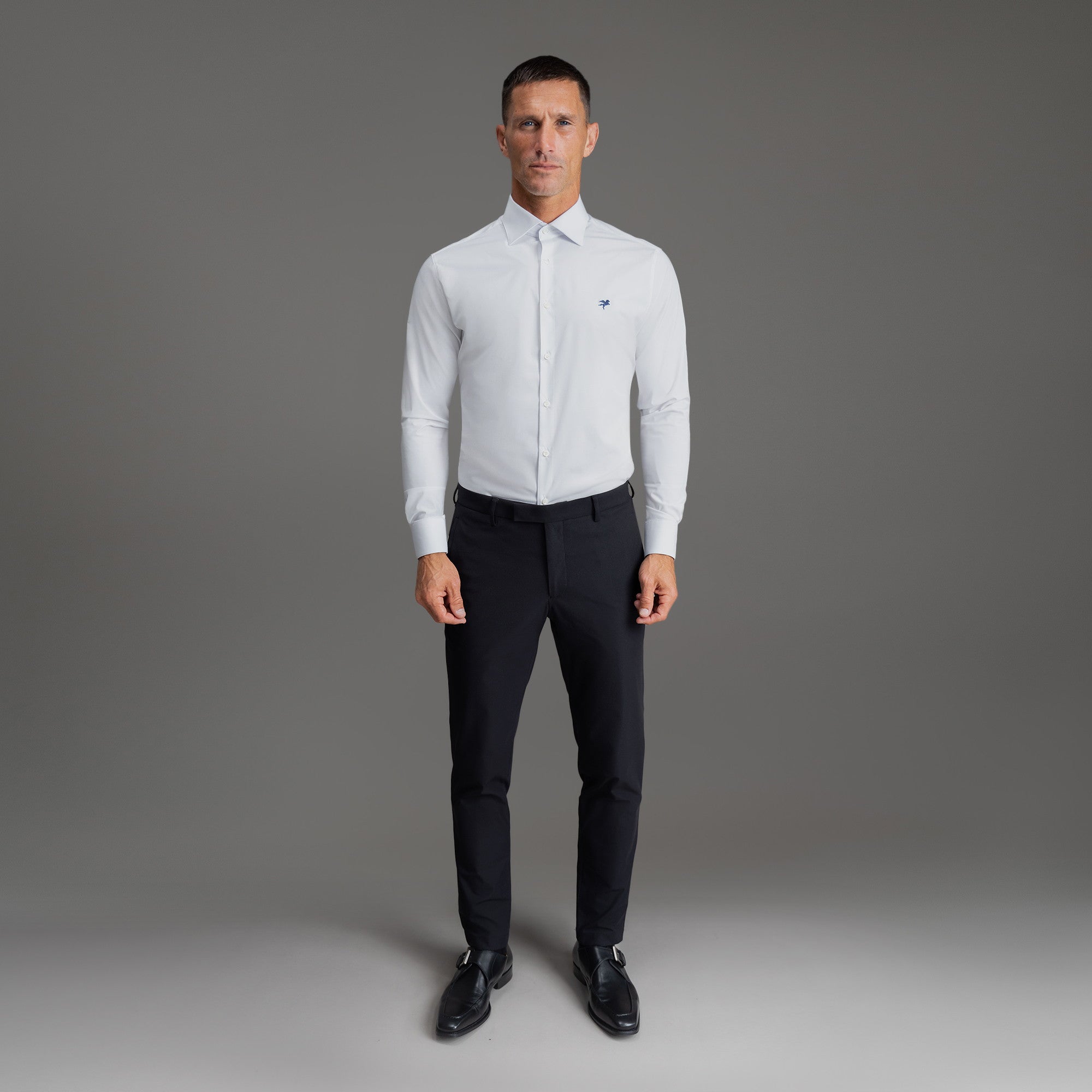 Custom Bespoke Tailored Spread Shirt model Tyler in White Emblem