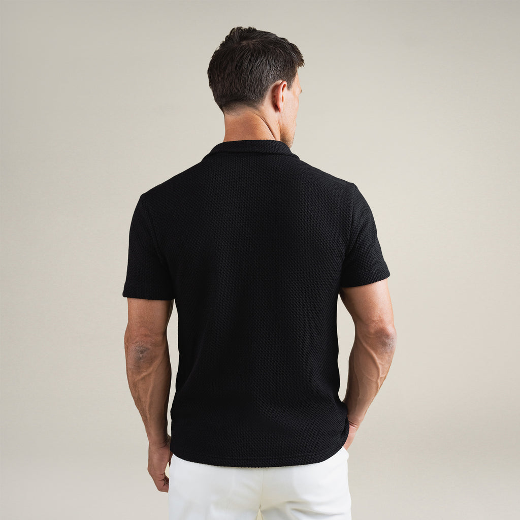 Tags:(6'0" - 180 lbs|Medium) Custom Knit Camp Shirt model Tyler in Black
