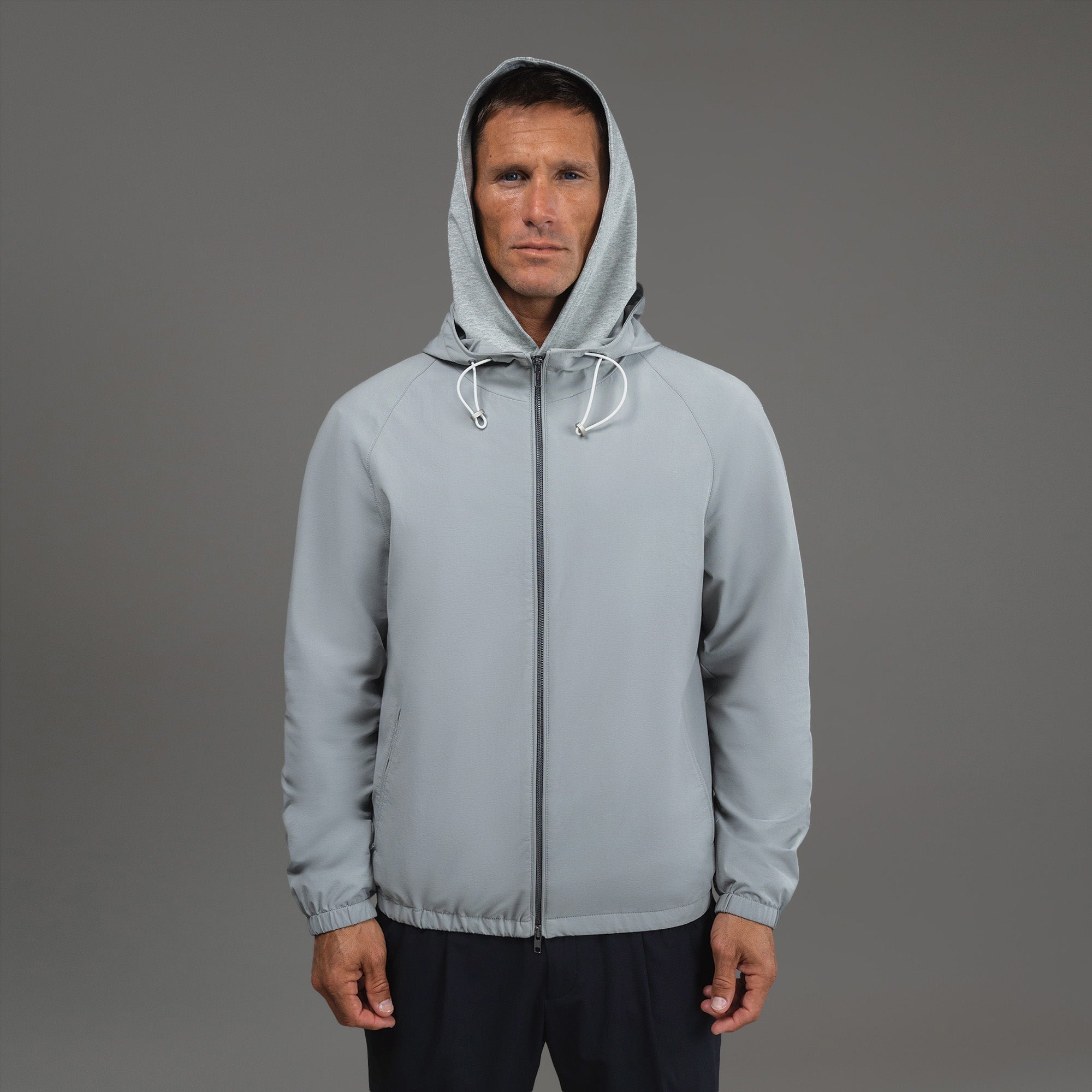 men's custom hooded jacket model Tyler in Light Gray