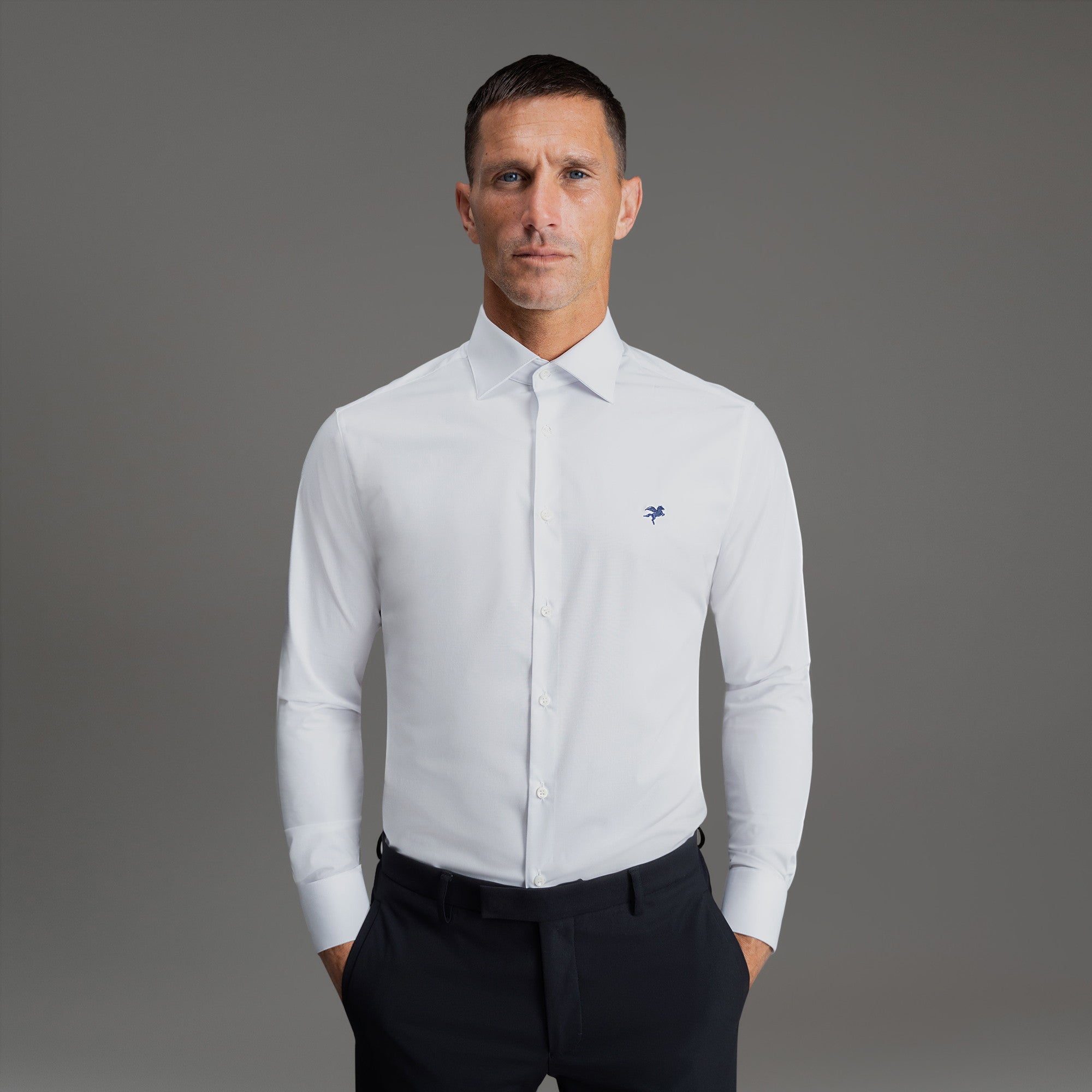 Custom Bespoke Tailored Spread Shirt model Tyler in White Emblem