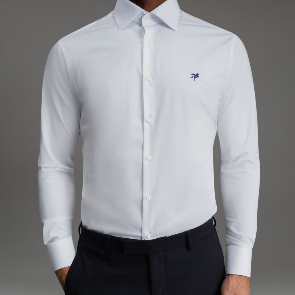 Custom Bespoke Tailored Spread Shirt model Tyler in White Emblem
