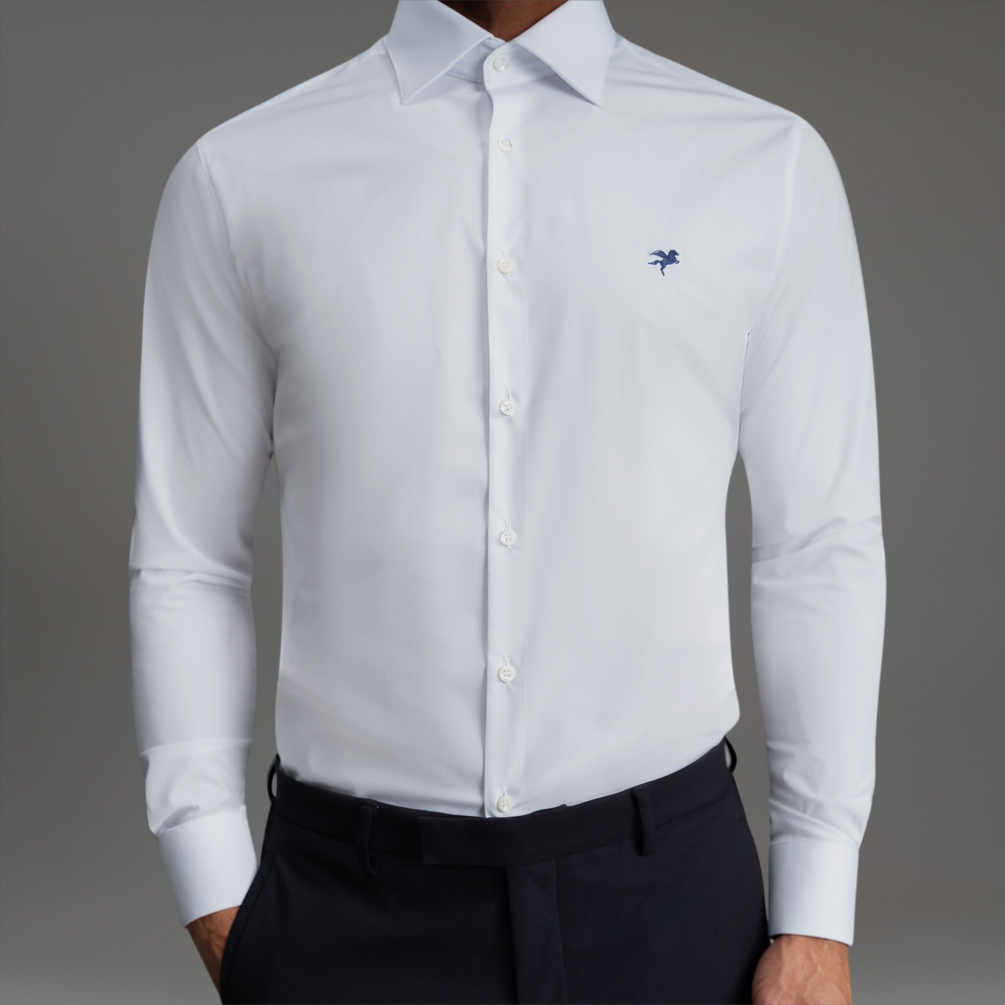 Custom Bespoke Tailored Spread Shirt model Tyler in White Emblem